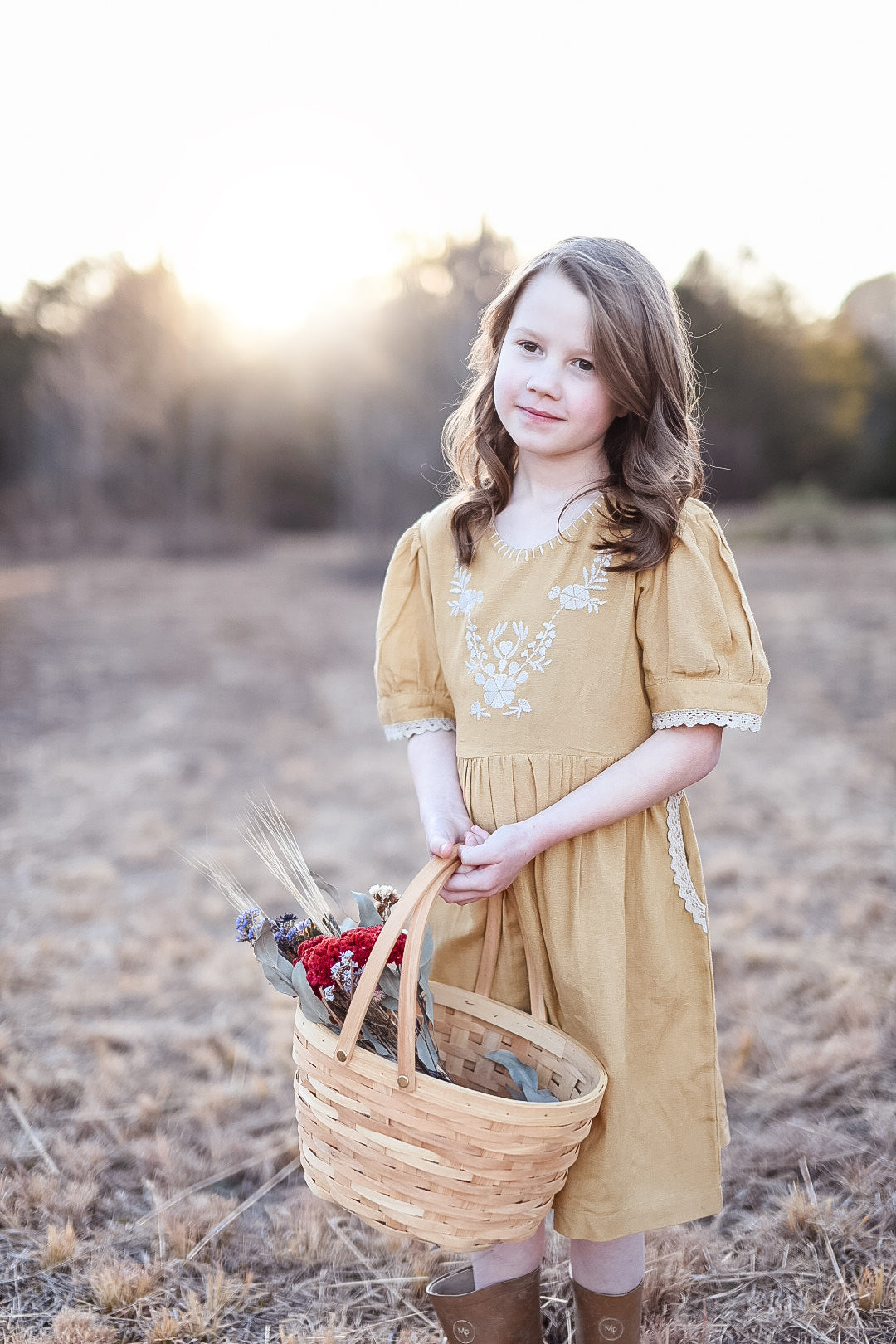 Mustard Linen Embroidered Dress