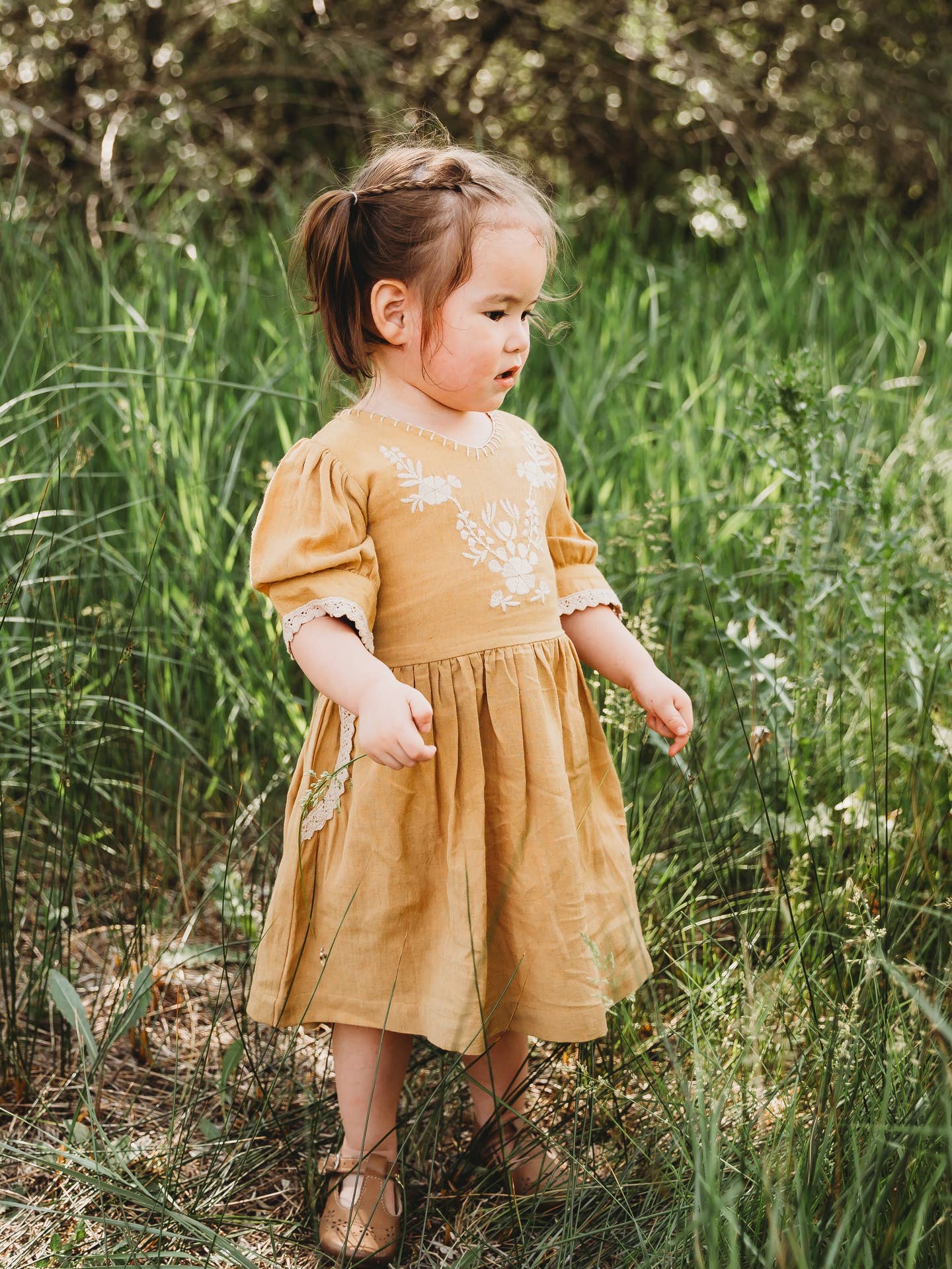 Mustard Linen Embroidered Dress